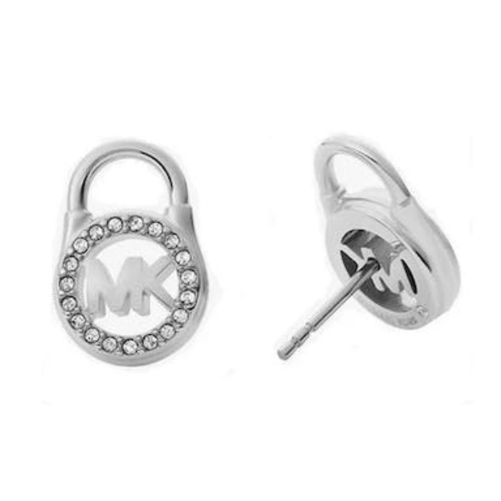 Michael Kors Silver Tone Pave Crystal Padlock Logo Earring Studs - Picture 3 of 5